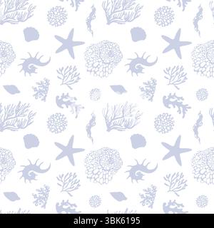 Nahtloses Muster von Muscheln und Korallen auf weißem Hintergrund Stock Vektor