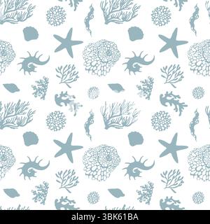 Nahtloses Muster von Muscheln und Korallen auf weißem Hintergrund Stock Vektor