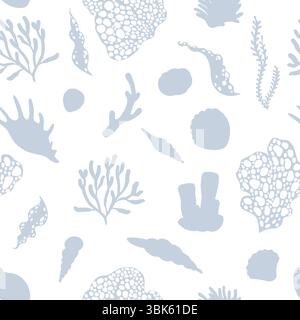 Nahtloses Muster von Muscheln und Korallen auf weißem Hintergrund Stock Vektor