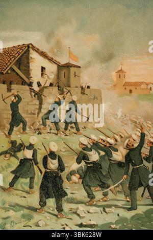 Geschichte Spaniens. Erster Karlistenkrieg (1833–1840). Besetzung von Beceite durch karlistische Truppen im August 1834. Das Fort Beceite wird von 800 karlistischen Soldaten angegriffen. Illustration von J. Alaminos. Chromolithographie. Historia de la guerra Civil y de los partidos liberal y carlista (Geschichte des Bürgerkriegs und der liberalen und karlistischen Parteien), von Antonio Pirala. Band II. Madrid, 1890. Stockfoto