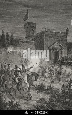 Geschichte Spaniens. Erster Karlistenkrieg (1833–1840). Take of Morella (18. Bis 30. Mai 1840). General Espartero während des letzten Sturms der Stadt, um alle karlistischen Soldaten gefangen zu nehmen, angeführt von General Ramon Cabrera. Untergang der Brücke in der Nacht vom 29. Mai 1840. Gravur von Gomez. "Espartero: su vida militar, politica, descriptiva y anecdotica" (Espartero: Sein militärisches, politisches, deskriptives und anekdotisches Leben). Band I, 1879. Stockfoto