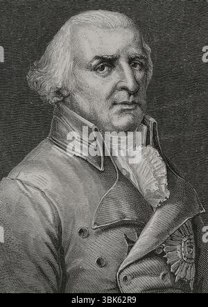 Karl Wilhelm Ferdinand von Braunschweig (1735-1806). Herzog von Braunschweig (1780-1806). Fürst des Fürstentums Braunschweig-Wolfenbuttel (Heiliges Römisches Reich). Er diente als Feldmarschall in der preußischen Armee. Hochformat. Stich von Pannemaker. "Geschichte der Französischen Revolution". Band I, 1876. Stockfoto