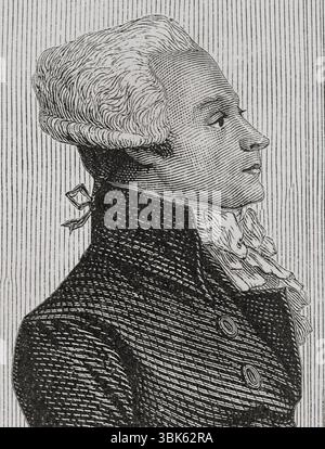 Maximilien Robespierre (1758-1794). Französischer Schriftsteller, Anwalt und Politiker. Einer der Führer der Französischen Revolution. Zweimal Präsident des Nationalkonvents, Mitglied der Jakobiner und des Ausschusses für öffentliche Sicherheit. Porträt von Robespierre, der im Konvent spricht. Zeichnung von E. Viollat. Stich von Pannemaker. Details. "Geschichte der Französischen Revolution". Band I, 1876. Stockfoto