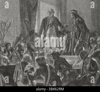 Französische Revolution. Paris. Am 20. Juni 1792 Griff die Menge den Tuilerien-Palast an, in dem König Ludwig XVI. (1754–1793) Zuflucht suchte. Der Mob zwang den Monarchen, auf dem Balkon zu erscheinen, zog eine Phrygianische Mütze an und trank für die Gesundheit der Menschen, was er zustimmte. Ludwig XVI. Trinkt für die Gesundheit der Nation. Zeichnung von Hippolyte de la Charlerie. Gravur von Jonnard. "Geschichte der Französischen Revolution". Band I, 1876. Stockfoto
