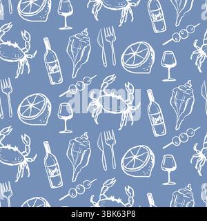 Meeresfrüchte-Urlaub nahtlos. Wein, Krabben, Muscheln und Zitrone handgezeichnete Illustration. Design für Textil-, Papierverpackungs- und Speisekarten Stock Vektor