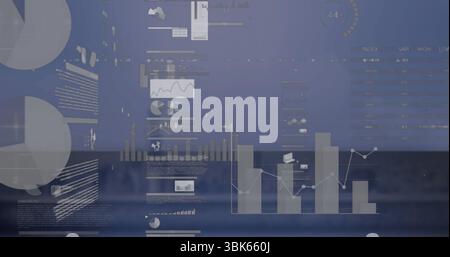 Präsentation von drei durchsichtigen Balkendiagrammen mit überlagertem Liniendiagramm auf dem Analyse-Dashboard mit Tabellen Stockfoto