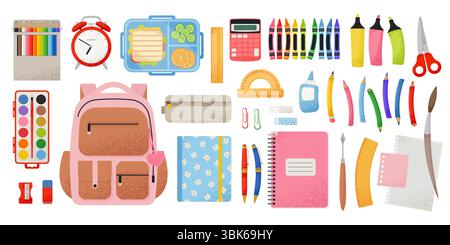 Ein großes Set an Schulutensilien. Back-to-School-Konzept. Vektorillustration in trendigem flachen Stil mit Textur Stock Vektor