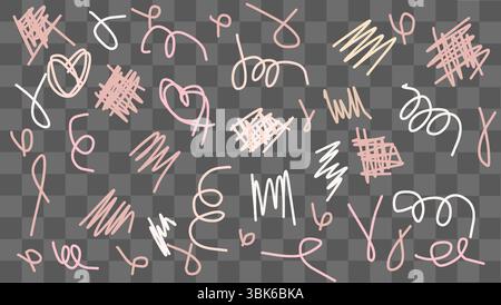 Eine Kollektion farbenfroher handgezeichneter Kritzeleien zeigt eine Vielzahl abstrakter Designs und verspielter Formen in sanften Pastelltönen. Dieses einzigartige Kunstwerk Stock Vektor