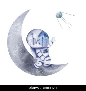 Wunderschöner Astronaut, Kosmonaut im Helm, der auf dem Halbmond bleibt, Mond und Satellit. Digitale Illustration mit Aquarell Stockfoto