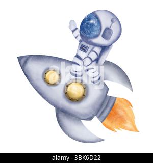 Wunderschöner Astronaut, Kosmonaut im Helm steht auf Weltraumrakete, Raumschiff. Digitale Illustration mit Aquarell Stockfoto