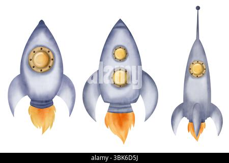 Set von Weltraumraketen, Raumschiffe isolierten Objekt aus einer großen Sammlung von Weltraumansammlungen. Digitale Illustration mit Aquarell Stockfoto