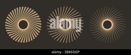 Linearer goldener Spiralstern, Sonne, Sonnenstrahl, Feuerwerk. Trendige Retro-Vektor-Swirl-Rahmen, runde Formen. Stock Vektor