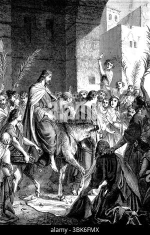 Illustration Einzug Jesu nach Jerusalem mit Anhängern, die Tücher nehmen und auf den Boden legen, damit der Esel aus dem Antike 19t auf ihm gehen kann Stockfoto