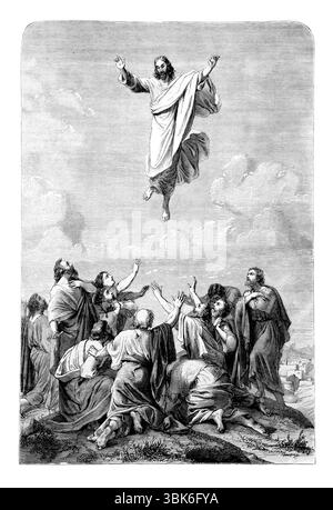 Illustration der Himmelfahrt Jesu Christi (Lukas) aus dem antiken 19. Jahrhundert die Heilige Bibel enthält das Alte und das neue Testament mit Expla Stockfoto