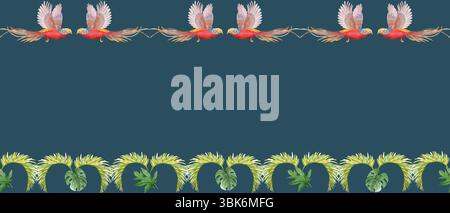 Fliegende tropische Vögel mit langen Schwänzen Palmblätter Aquarellrand auf dunklem Hintergrund. Handbemalt perfekt für Schreibwaren und Stoffdrucke Stockfoto