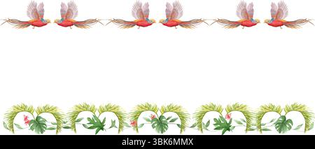 Fliegende tropische Vögel mit langen Schwänzen Palmblätter, Blumen Aquarellrahmen isoliert auf weiß. Handbemalt, perfekt für Hochzeitspapiere Stockfoto