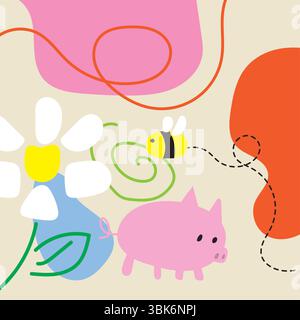 Niedliches Bienenschwein-Blumenwirbel. Vektor Stock Vektor