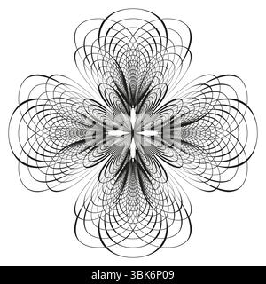 Mehrschichtige Blütenform. Schwarzweißsymmetrie. Kreisförmige abstrakte Figur. Vektorblätter Illusion. Stock Vektor
