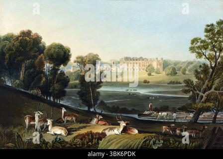 Ein Abdruck einer Ansicht von Cassiobury House Hertfordshire, dem Sitz des earl of Essex Verlags Robert Havell aus dem Jahr 1816 nach Joseph Mallard Turner Park Landschaft historische Perspektive Aquatint Ätzung Aquarell Kunst Kunstwerk Antiquitätendruck Stockfoto