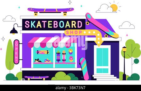 Skateboard Shop Vektor-Illustration mit einem Shop, der Skateboards Ausrüstung wie Boards, Räder und andere Accessoires Hintergrund verkauft Stock Vektor