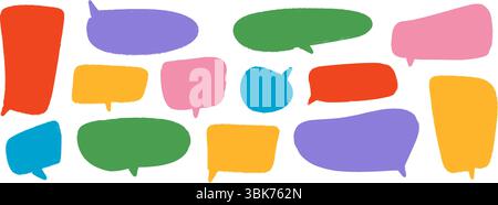 Farbige handgezeichnete Sprechblasen-Sammlung. Gekritzeltes Dialogfeld. Comic-Sprechrahmen mit strukturiertem Filzmarker. Textfeld-Paket mit rotem, gelbem und grünem Ballon. Hell skizziertes Chatbox-Paket. Vektor Stock Vektor