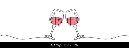 Durchgehende einzeilige Zeichnung von zwei Gläsern Rotwein. Minimalistisches lineares Konzept von Feiern und Anfeuern. Bearbeitbare Konturvektordarstellung Stock Vektor