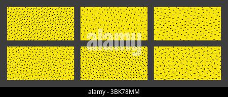 Set aus nahtlosem Muster mit kleinen Strichen. Verschiedene Punkte und Kritzellinien. Wiederholte schwarze Flecken auf gelbem Hintergrund. Einfache Vektorillustration Stock Vektor