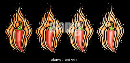 Vektor brennende Chili Pfeffer Set, horizontale dekorative Banner mit Gruppe von 4 Zeichentrickdesign isolierte flammende Chili Paprika, Sammlung von verschiedenen spi Stock Vektor