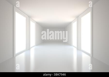 Minimalistischer Innenkorridor mit poliertem Boden und großen Fenstern in flachem Design Stockfoto