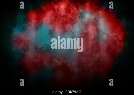 Die abstrakte Komposition zeigt rotes blaublaues Licht über dunklem Hintergrund mit vertikalen Streifen und Bokeh Stockfoto