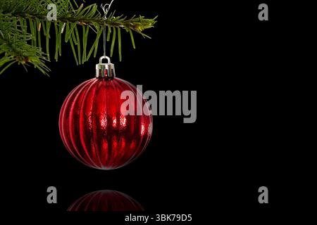 Rotes, geripptes 3D-Weihnachtsschmuck hängt an grünem Tannenzweig auf schwarzer Oberfläche, Kopierraum Stockfoto