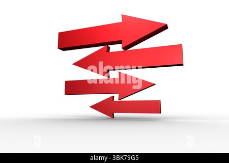 Fünf rote 3D-Pfeile bilden ein dynamisches Zickzackmuster auf nahtlosem weißem Hintergrund, Kopierraum Stockfoto