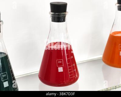 Farbenfrohe Laborbecher gefüllt mit lebendigen Flüssigkeiten, die die Schönheit der Chemie und des Experimentierens in einem modernen Wissenschaftsraum demonstrieren Stockfoto