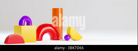 Spielzeugbanner aus Baustein mit geometrischen Formen in glänzend orange, gelb und lila auf weißem Hintergrund. Roter Bogen und Zylinder, Kugel oder Kugel Bauelemente für pädagogische Spiele für Kinder. Stock Vektor