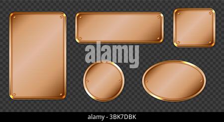 Bronze-Metall-Namensschilder mit Kanten und Schraubendetails - rechteckige, runde und ovale Kennzeichnungsformen auf transparentem Hintergrund für Business Signage, Türschilder und hochwertige Etikettenelemente. Stock Vektor