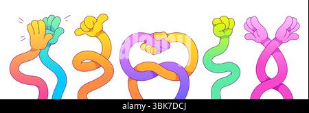 Kollektion flexibler Gesten in Zeichentrick – bunte, elastische Arme mit Handschlag, High Five, shaka-Zeichen, hochgezogener Faust und überkreuzten Handgelenken für kreative Kommunikation oder verspielte Charakterdesigns. Stock Vektor