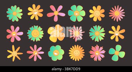 Farbenfrohes Retro-Gänseblümchen-Set mit Regenbogenblättern – groovige Hippie-Blüten in Pink, Orange, Gelb und Grün für das 70er-Jahre-Design, psychedelische Muster und Vintage-Dekorationsgrafiken im Frühling. Stock Vektor