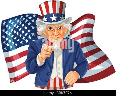 Vektor-Illustration einer klassischen patriotischen Figur, die vor einer wehenden amerikanischen Flagge vor dem Hintergrund zeigt Stock Vektor