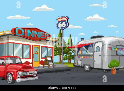Vektor-Illustration eines klassischen Diner und Trailers auf der Route 66. Helle Farben und nostalgische Elemente schaffen eine Vintage-Atmosphäre Stock Vektor