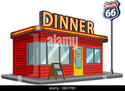 Klassisches rotes Diner mit Neonschild und Route 66-Emblem. Leuchtende Farben und klare Linien sorgen für ein nostalgisches Gefühl Stock Vektor
