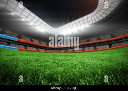 Das flache Design zeigt ein üppiges grünes Grasfeld im Stadion unter Flutlichtern, rotblaue Sitzplätze und Anzeigen Stockfoto