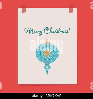 Weihnachtsgrußkarte mit Vintage-blauem Ornament und Merry Christmas Text, Retro-Feiertagspostkarte, flache Vektor-Illustration, festliches Design für Stock Vektor