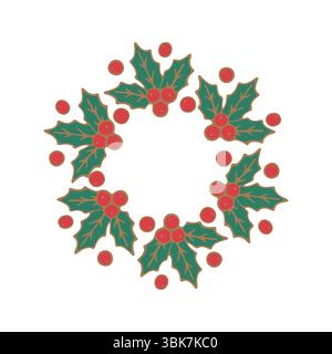 Weihnachtskranz mit stechpalmenblättern und roten Beeren, festliche Feiertagsdekoration, flache Vektorillustration, weißer Hintergrund, grüne und rote Farben. Stock Vektor
