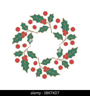 Weihnachtskranz mit stechpalmenblättern und roten Beeren, festliche Winterdekoration, traditionelles Feiertagssymbol, flache Vektorillustration, weißer Hintergrund Stock Vektor