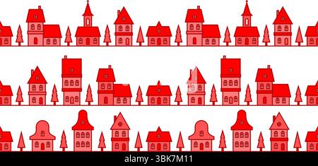 Weihnachts-Winterhäuser. Silhouette des Viertels. Nahtlose Grenze mit der Skyline von niedlichen Gebäuden Kirche und Pelzbäumen auf weißem Hintergrund Stock Vektor