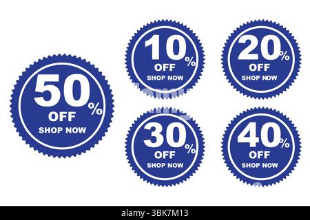 Blauer und weißer Rabattvektor – 10 % bis 50 % Rabatt auf bearbeitbares Angebotsbanner für Social Media, Käufer und Werbeaktionen. Stock Vektor