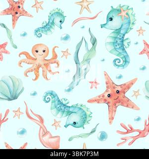 Seepferd, Seesterne, Tintenfisch niedliche Kinder Illustration nahtloses Muster. Aquarellfiguren, Meeresalgen-Unterwasserwelt isoliert auf sanftem, blauem Minzrot Stockfoto