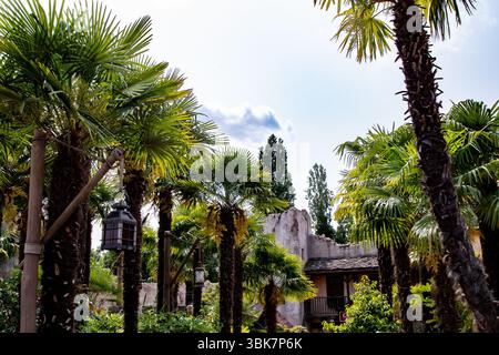 Palmen umrahmen den Blick auf das Gebäude mit Steinmauern und Ziegeldach vor einem teilweise bewölkten Himmel. Laternen hängen inmitten üppiger Vegetation im Disneyland Par Stockfoto