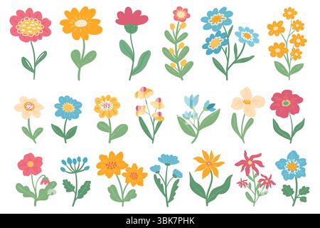 Set von handgezeichneten Frühlingsblumen. Sammlung romantischer Wildblumenpflanzen. Niedliche Blütenblumenelemente, Clipart auf weißem Hintergrund. Stock Vektor