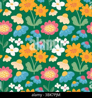 Abstrakte kreative Blumen Vektor nahtlose Muster. Farbenfrohe Wildblumen und Blattwerk, handgezeichnetes Sommermuster. Frühlingsblumenmuster für Textilien und Kinder Stock Vektor